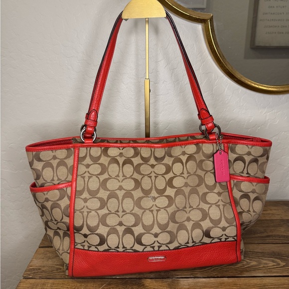 Coach Signature Canvas Tote - Red and Tan - Picture 1 of 6